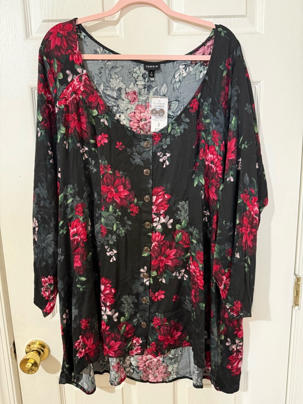 torrid Black Floral Button-Front Tunic with Red & Pink Blooms